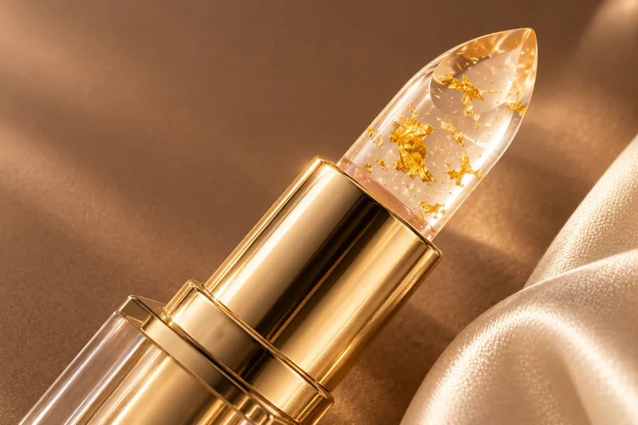 Close detail of the transparent lipstick and delicate gold flecks